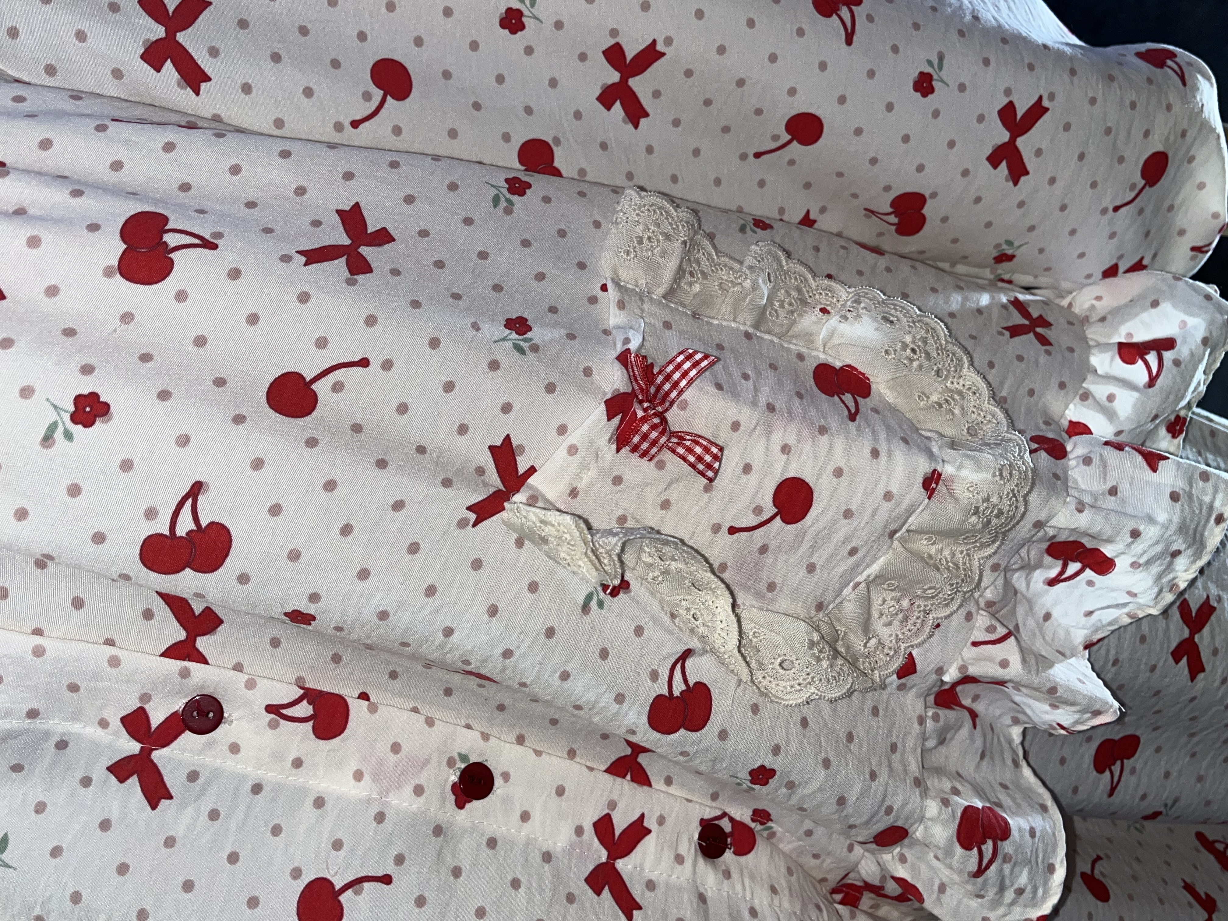 Bộ Đồ Ngủ Cotton Đũi Tay Dài Quần Dài Đính Nơ Thêu Hoa Dễ Thương