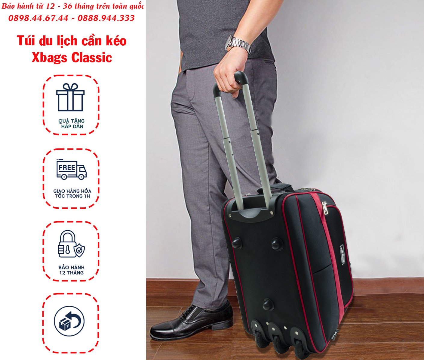 Túi Vali Cần Kéo Xbags Classic Xb 6102, Vali Kéo Chống Thấm Nước, Bền Màu Hiệu Quả