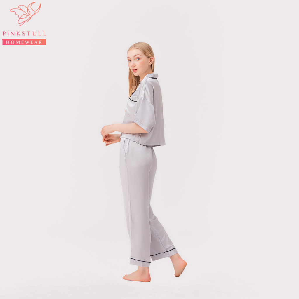 Bộ đồ ngủ pijamas tay ngắn quần dài Pink Stull 3 Màu:xám viền đen,đỏ viền trắng,hồng viền đen