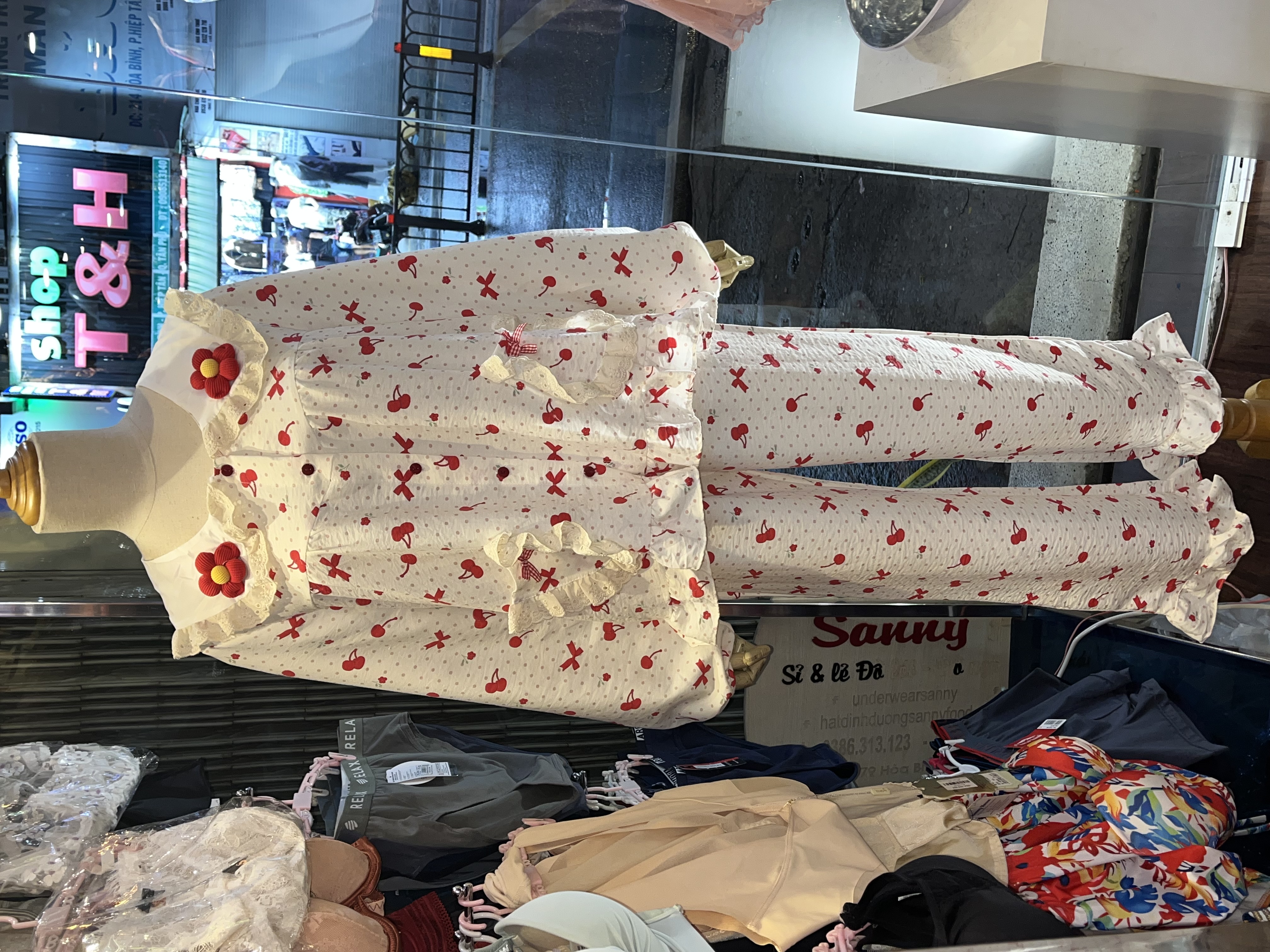 Bộ Đồ Ngủ Cotton Đũi Tay Dài Quần Dài Đính Nơ Thêu Hoa Dễ Thương