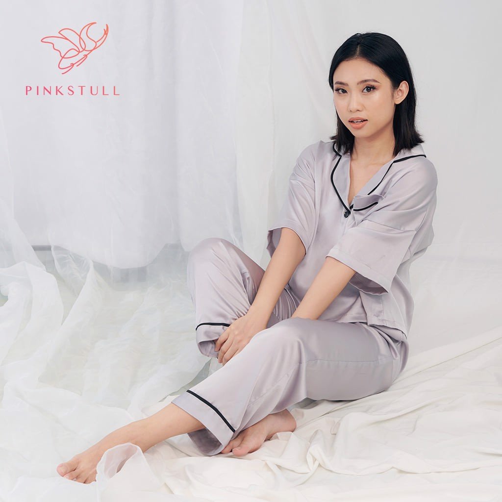 Bộ đồ ngủ pijamas tay ngắn quần dài Pink Stull 3 Màu:xám viền đen,đỏ viền trắng,hồng viền đen