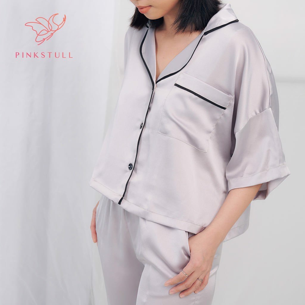 Bộ đồ ngủ pijamas tay ngắn quần dài Pink Stull 3 Màu:xám viền đen,đỏ viền trắng,hồng viền đen