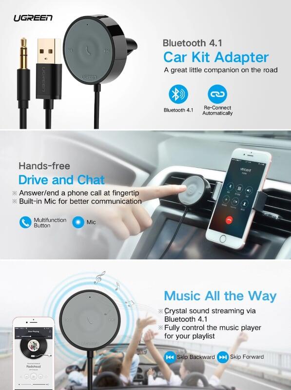 Ugreen UG30447CM124TK BT 4.1 màu Đen Thiết bị nhận âm thanh Bluetooth trên xe hơi chuẩn 3.5mm - HÀNG CHÍNH HÃNG
