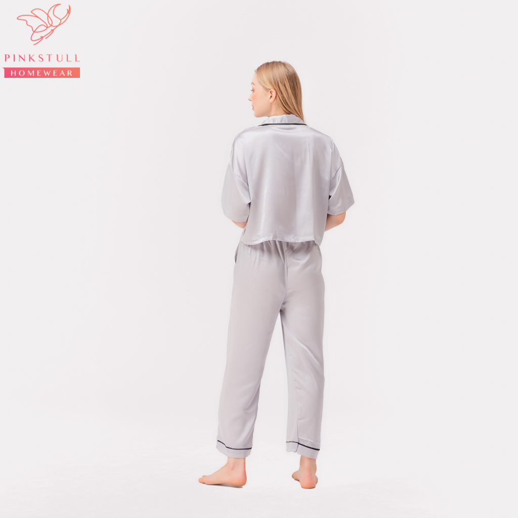 Bộ đồ ngủ pijamas tay ngắn quần dài Pink Stull 3 Màu:xám viền đen,đỏ viền trắng,hồng viền đen