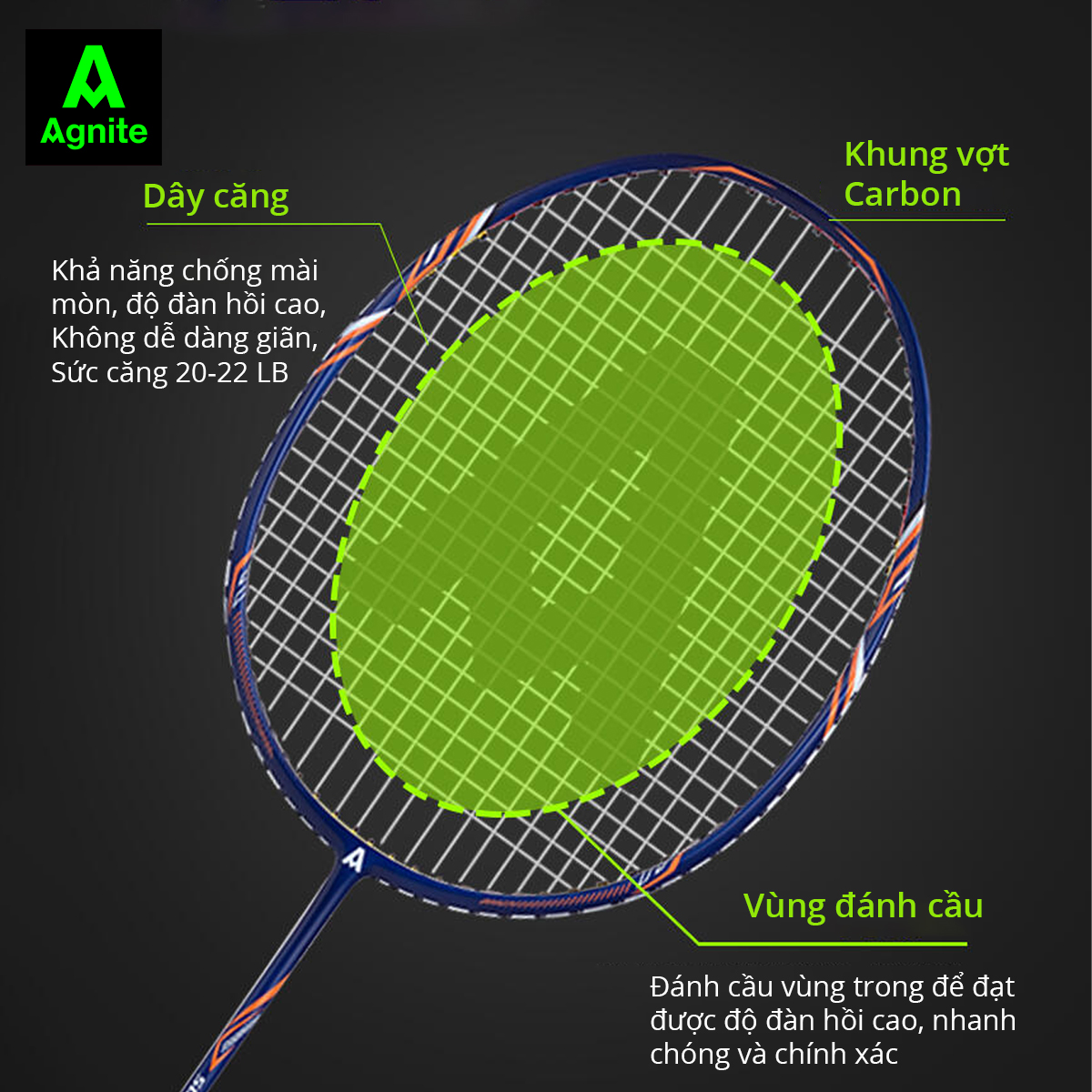 Vợt cầu lông siêu nhẹ khung carbon cao cấp Agnite - Kèm bao đựng cao cấp - 1 chiếc - Hàng chính hãng - F2115