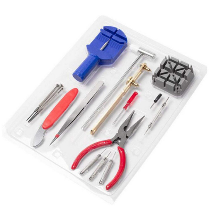 Bộ Phụ Kiện Dụng Cụ Sửa Chữa Đồng Hồ 16 Món + 1 Cắt Mắt Kim Loại Gỡ Mắc Tháo Dây Thay Pin Chuyên Dụng ( Gồm tô tua vít, van cậy nắp đáy, dao nậy mở, búa 2 đầu nhựa sắt, khung đục giữ chốt, nhíp... )