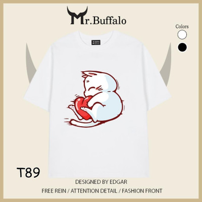 Áo đôi, cặp tay lỡ unisex Mèo dễ thương đẩy trái tim Mr.Buffalo
