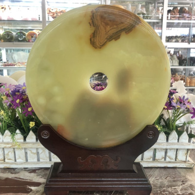 Đồng tiền, đồng điếu may mắn phong thủy chiêu nạp tài lộc đá ngọc Onyx xanh nhạt - Đường kính 26 cm