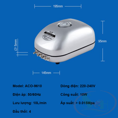 Máy sủi oxy Hailea ACO 6602, 6604, 9610 sủi 1, 2, 4 vòi điều chỉnh oxy bể cá tép