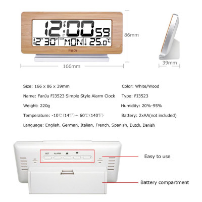Đồng hồ kỹ thuật số FanJu có chức năng hiển thị nhiệt độ, mặt gỗ thời trang, đèn nền màn hình LCD với phông chữ lớn dễ đọc