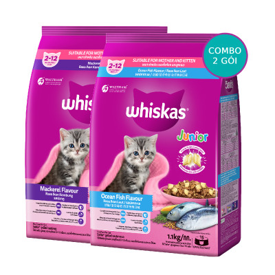 [Bộ 2] Thức Ăn Cho Mèo Con Whiskas Junior 2-12 Months Vị Cá Thu & Cá Biển (Mix Vị) 1.1kg/Túi