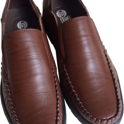 Giày mọi nam Trường Hải không dây màu nâu da bò thật cao cấp mềm mại đế cao su không trơn GM0498