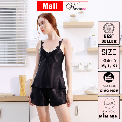 Đồ bộ mặc nhà lụa cao cấp WANNABE BSS39 đồ bộ quần sọt phối áo 2 dây lưng cut-out viền ren gợn sóng trẻ trung quyến rũ