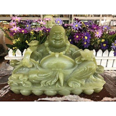Tượng Phật Di Lặc ngồi tựa bao tiền cầm thỏi vàng phong thủy đá ngọc onyx
