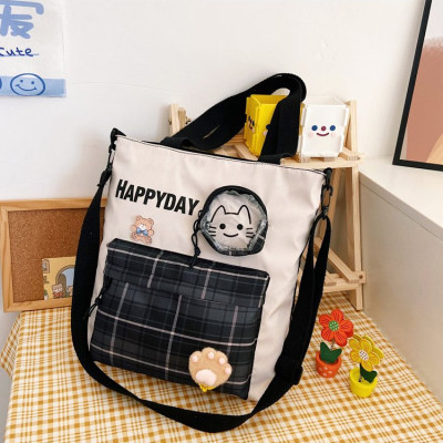 Túi đeo chéo BH Kids, họa tiết Caro HAPPY DAY, vải Canvas, in hình mèo con xinh xắn - CH127