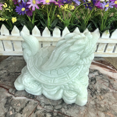 Tượng Long Quy ( Rùa đầu Rồng ) cõng gậy như ý phong thủy đá cẩm thạch trắng xanh - Dài 15 cm