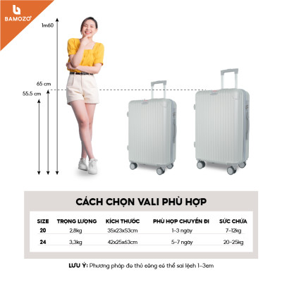 Vali du lịch BAMOZO 8801 MÀU BẠC size 20/24, vali kéo nhựa được bảo hành 5 năm.