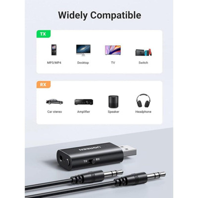 Ugreen UG60300CM523TK v5.1 Màu Đen Bộ Thu - Phát Transmitter - Receiver 2 in 1 Bluetooth không dây USB tích hợp Micrô 3.5mm - HÀNG CHÍNH HÃNG