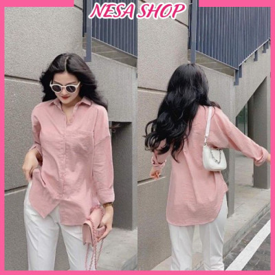Áo sơ mi nữ form rộng dài tay NeSa Shop, Chất liệu Đũi mềm mịn, thoáng mát, áo kiểu nữ form rộng SMH.038