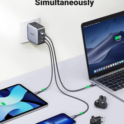 Ugreen UG90409CD296TK 65W Bộ sạc nhanh Nexode GaN 2 cổng USB Type-C + USB-A Màu Đen kèm 3 chuẩn cắm US EU UK - HÀNG CHÍNH HÃNG