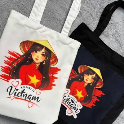Túi canvas GIADO, túi canvas đen, túi tote in hình món ăn Việt Nam mẫu Bánh cuốn