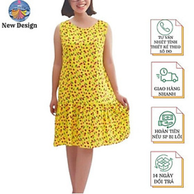 Váy ngủ Đầm nữ mặc nhà Váy dáng xòe chất vải lanh tole thoáng mát họa tiết hình hoa dễ thương New Design DA0001