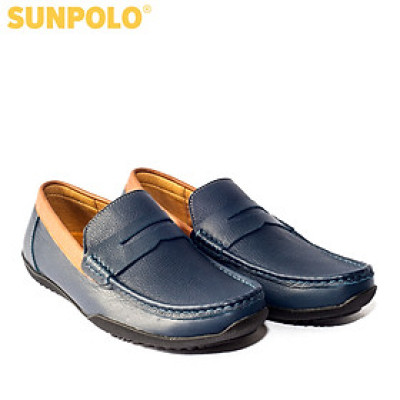 Giày lười nam da bò đế cao su nhẹ may khâu bền bỉ SUNPOLO MU2588 - Xanh Navy