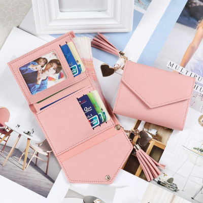 Ví Cầm Tay Cho Nữ, Bóp Ví Mini Ngắn Cầm Tay Phong Cách Hàn Quốc Dây Đeo Trái Tim Tua Rua (Có Hàng Sẵn)