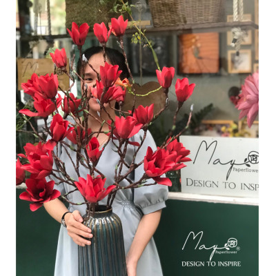Hoa giấy trang trí, Hoa Mộc Lan đỏ handmade Maypaperflower - hoa giấy nghệ thuật, hoa cắm bình, decor nhà ở văn phòng