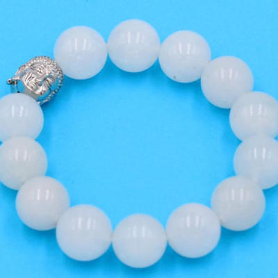 Vòng đeo tay thạch anh trắng 14 ly - cẩn hạt Như Lai inox trắng VTTNLT14 - hợp mệnh Kim, mệnh Thủy
