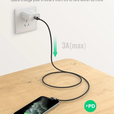 Ugreen UG60763US305TK 1M MFI đầu lightning bẻ 90 độ cáp USB type C ra Lightning bọc nhôm chống nhiễu màu đen - HÀNG CHÍNH HÃNG