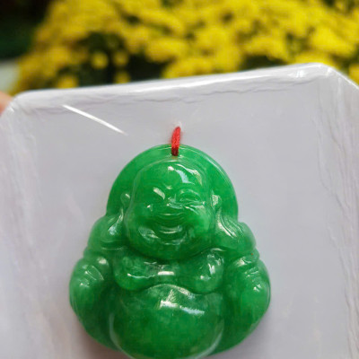 Mặt dây chuyền Nữ Phật Di Lặc bụng tròn Đá Cẩm Thạch Xanh Đậm tự nhiên đẹp Size C36mm x N34mm x S13mm Anh Chị bọc Vàng đeo đẹp ạ