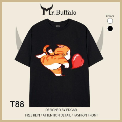 Áo đôi, cặp tay lỡ unisex Mèo dễ thương đẩy trái tim Mr.Buffalo