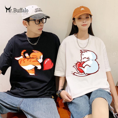 Áo đôi, cặp tay lỡ unisex Mèo dễ thương đẩy trái tim Mr.Buffalo