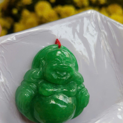 Mặt dây chuyền Nữ Phật Di Lặc bụng tròn Đá Cẩm Thạch Xanh Đậm tự nhiên đẹp Size C36mm x N34mm x S13mm Anh Chị bọc Vàng đeo đẹp ạ