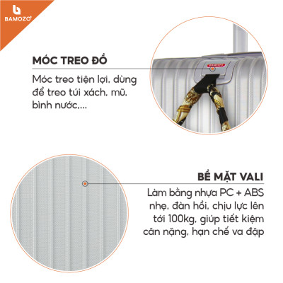 Vali du lịch BAMOZO 8801 MÀU BẠC size 20/24, vali kéo nhựa được bảo hành 5 năm.