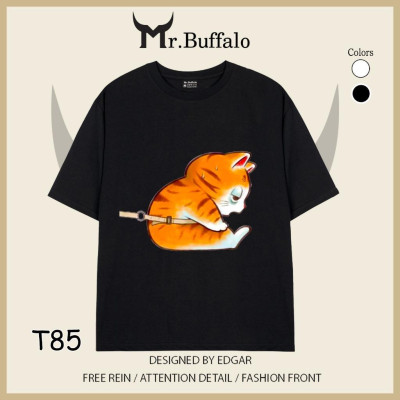 Áo đôi tay lỡ unisex Mèo dễ thương mèo trắng kéo mèo vàng cho cặp đôi Mr.Buffalo
