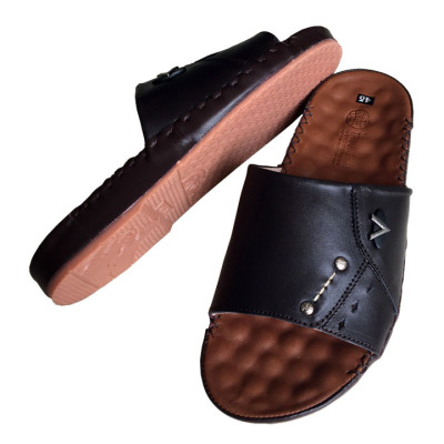 Dép nam quai ngang BIGSIZE Trường Hải da bò thật mềm mại may thủ công chắc chắn tỉ mỉ đế kếp không trơn QNN0119