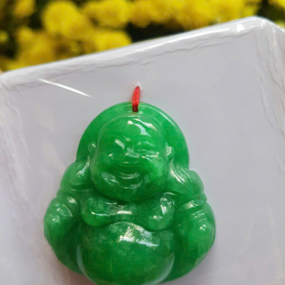 Mặt dây chuyền Nữ Phật Di Lặc bụng tròn Đá Cẩm Thạch Xanh Đậm tự nhiên đẹp Size C36mm x N34mm x S13mm Anh Chị bọc Vàng đeo đẹp ạ