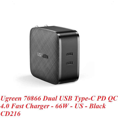 Ugreen UG70866CD216TK 66W 2c QC4.0 chuẩn cắm US Màu Đen Củ sạc nhanh 2 cổng USB type C - HÀNG CHÍNH HÃNG