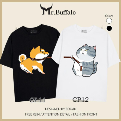 Áo Thun Đôi, Cặp Mr.Buffalo mèo kéo chó Tshirt Cotton 100% có bigsize Unisex Form Oversize Local Brand CP11CP12