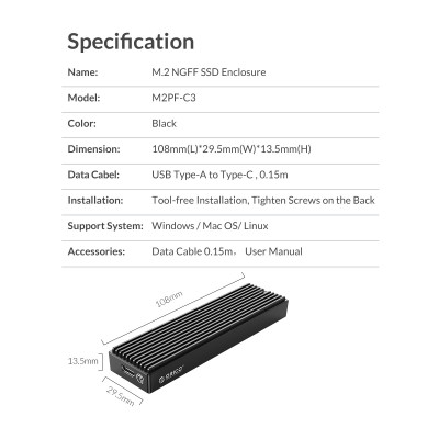 Hộp Đựng Ổ Cứng M2 chuẩn SATA (NGFF) ORICO M2PF-C3-BK Hàng Chính Hãng