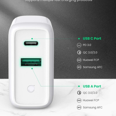 Ugreen UG60468CD170TK 36W sạc USB A và type C màu trắng chuẩn QC3.0 - 4.0 - HÀNG CHÍNH HÃNG