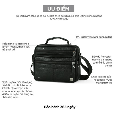 Túi xách công sở nam da thật cao cấp IDIGO MB1 - 6020, túi đeo chéo đi chơi năng động