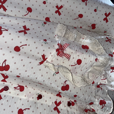 Bộ Đồ Ngủ Cotton Đũi Tay Dài Quần Dài Đính Nơ Thêu Hoa Dễ Thương