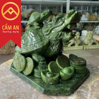Tượng Long Quy ( Rùa đầu rồng ) cõng con phong thủy đá ngọc Serpentine Ấn độ - Dài 22 cm