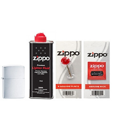 Bộ 4 Sản Phẩm: Bật Lửa Zippo Brushed Chrome 200+Xăng+Đá+Bấc