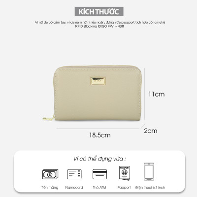 Ví nữ da thật cầm tay, ví da nam nữ nhiều ngăn, đựng vừa passport tích hợp công nghệ RFID Blocking IDIGO FW1 - 4311