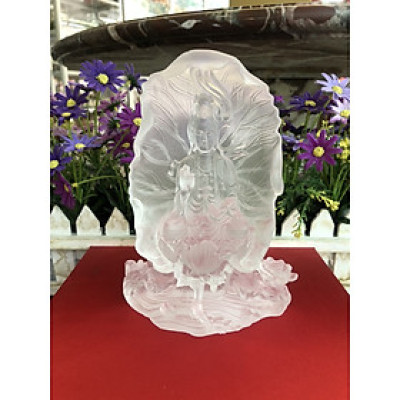 Tượng Phật Bà Quan Thế Âm Bồ Tát ngồi đài sen cầu bình an đá lưu ly trắng đặt bàn làm việc, xe ôtô - Cao 16 cm