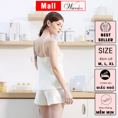Đồ bộ mặc nhà phi lụa cao cấp Wannabe, bộ short BSS64 cổ yếm quần short đơn giản